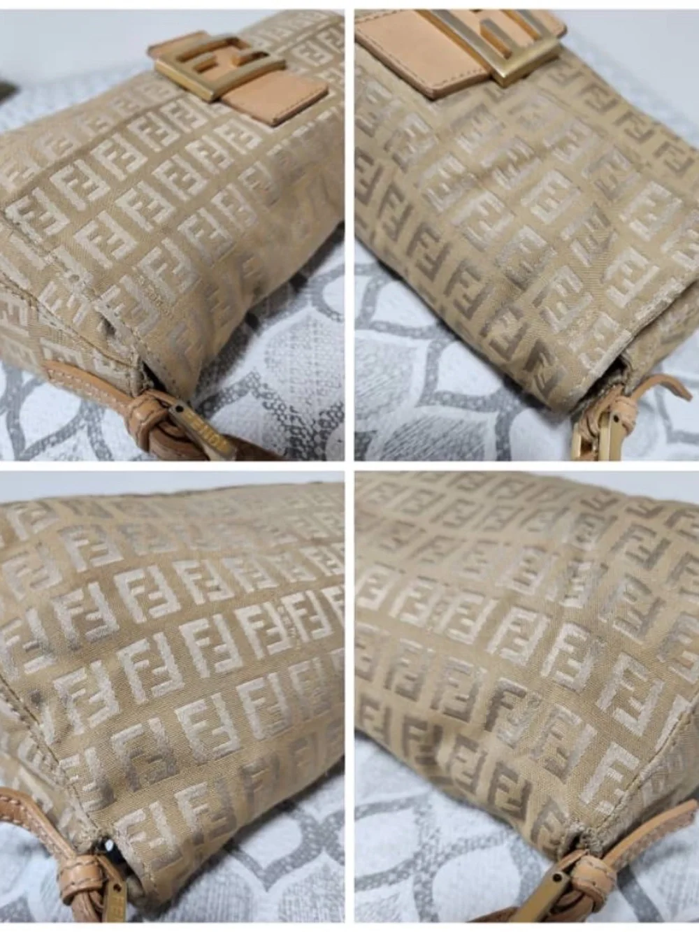 Authentic FENDI Metallic Zucchino Canvas Baguette Bag Gold/Beige